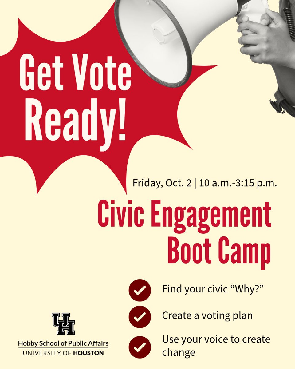 hobbyschooluh's tweet photo. From finding your civic passion to creating a voting plan and learning how to make your voice heard, the Civic Engagement Boot Camp offers practical tools for community involvement.  Register for this free workshop on Oct. 2 ahead of the elections at https://t.co/AwIUkm3Abw. https://t.co/PTLObbFLDO