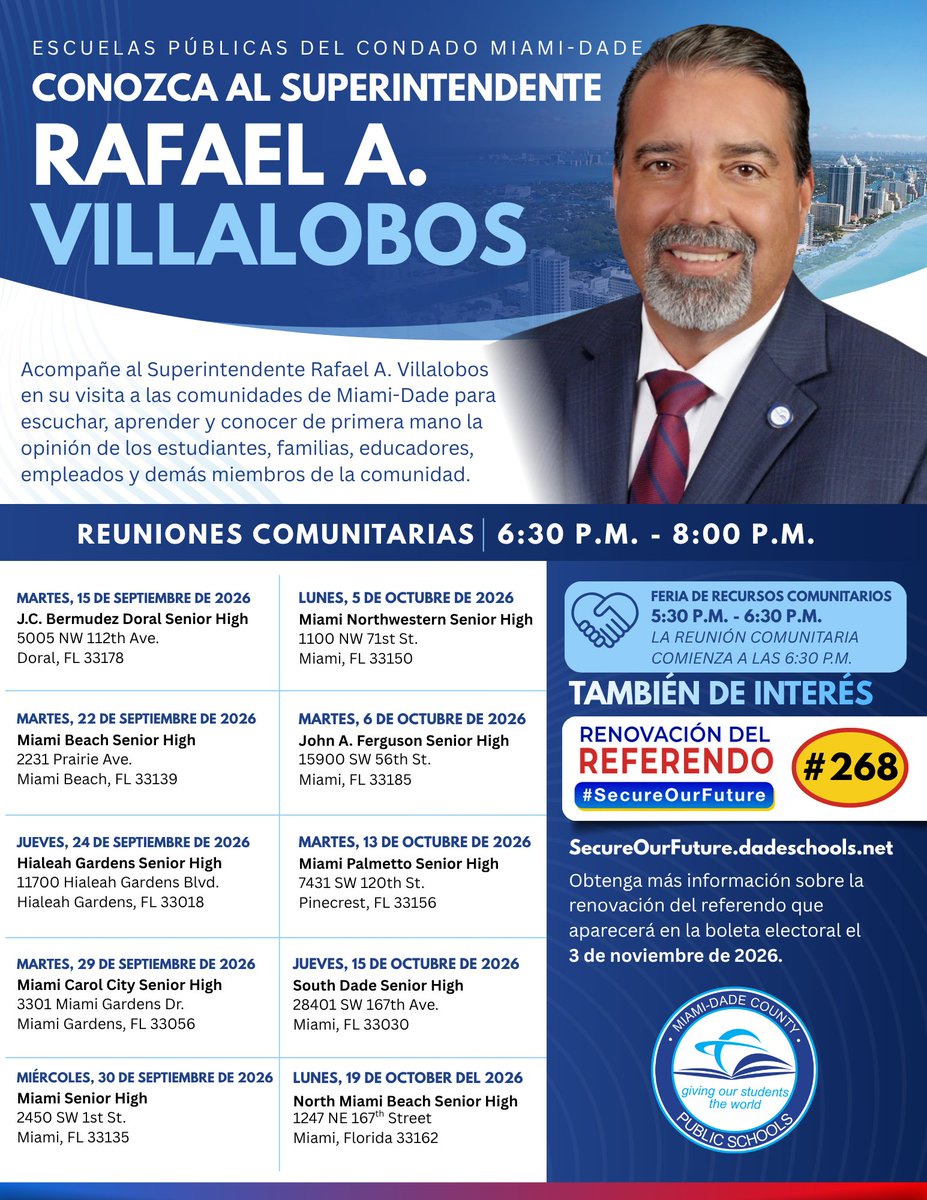 MDCPS's tweet photo. Have questions, ideas, or feedback about M-DCPS? Share them tonight during Superintendent Rafael A. Villalobos' town hall at Miami Senior High. The Community Resource Fair begins at 5:30 p.m., followed by the town hall at 6:30 p.m. #SecureOurFuture https://t.co/RfzuOOsAt9