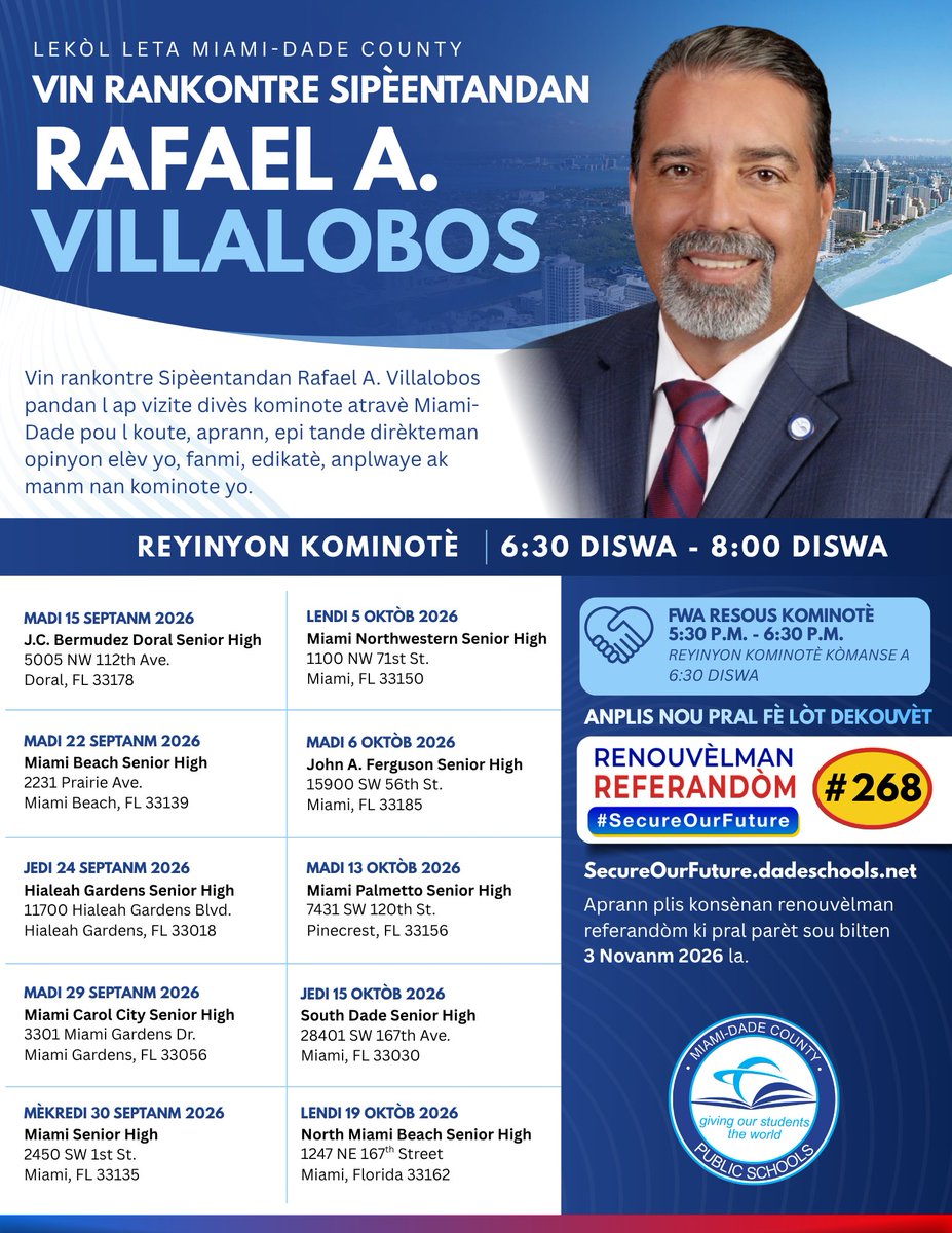 MDCPS's tweet photo. Have questions, ideas, or feedback about M-DCPS? Share them tonight during Superintendent Rafael A. Villalobos' town hall at Miami Senior High. The Community Resource Fair begins at 5:30 p.m., followed by the town hall at 6:30 p.m. #SecureOurFuture https://t.co/RfzuOOsAt9