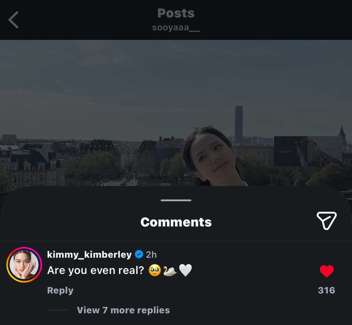 soowhat____'s tweet photo. Kimmy Kimberley actress from Thailand commented on Jisoo IG post “Are you even real”🥹🦢🤍 Im always asking this to https://t.co/ANyDYP9p3s