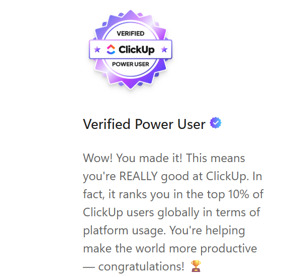 Deborahworkflow's tweet photo. Small badge. Big milestone. 🏆
I’m officially a Verified ClickUp Power User, placing me in the top 10% of ClickUp users  based on platform usage.
But the biggest lesson from working deeply with ClickUp?
Tools don't fix broken operations. Systems do.
#clickup #deborahworkflow https://t.co/F5by8DgLTV