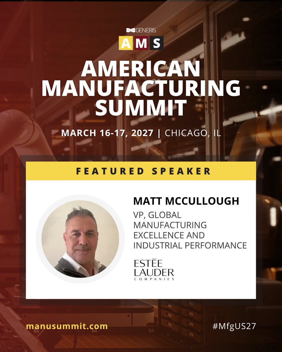 Generis_Mfg's tweet photo. We're excited to welcome Matt McCullough, VP, Global Manufacturing Excellence and Industrial Performance at #EstรฉeLauder, as a speaker at the 13th Annual American Manufacturing Summit!
Secure your spot for March 16-17, and learn more at https://t.co/4AtIkzsCzE ๐
#MfgUS27 https://t.co/MEjp5M4XbO