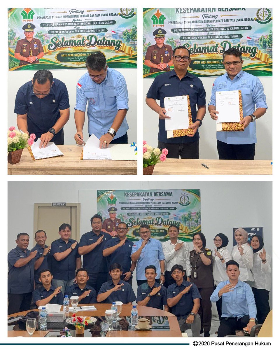KejariTanjabTim's tweet photo. Rabu, 30 September 2026, telah dilaksanakan Penandatanganan Kesepakatan Bersama antara Kejaksaan Negeri Tanjung Jabung Timur dengan PT Perkebunan Nusantara IV Regional IV Kebun Lagan tentang Penanganan Masalah Hukum Bidang Perdata dan Tata Usaha Negara. https://t.co/AhizFczn4f