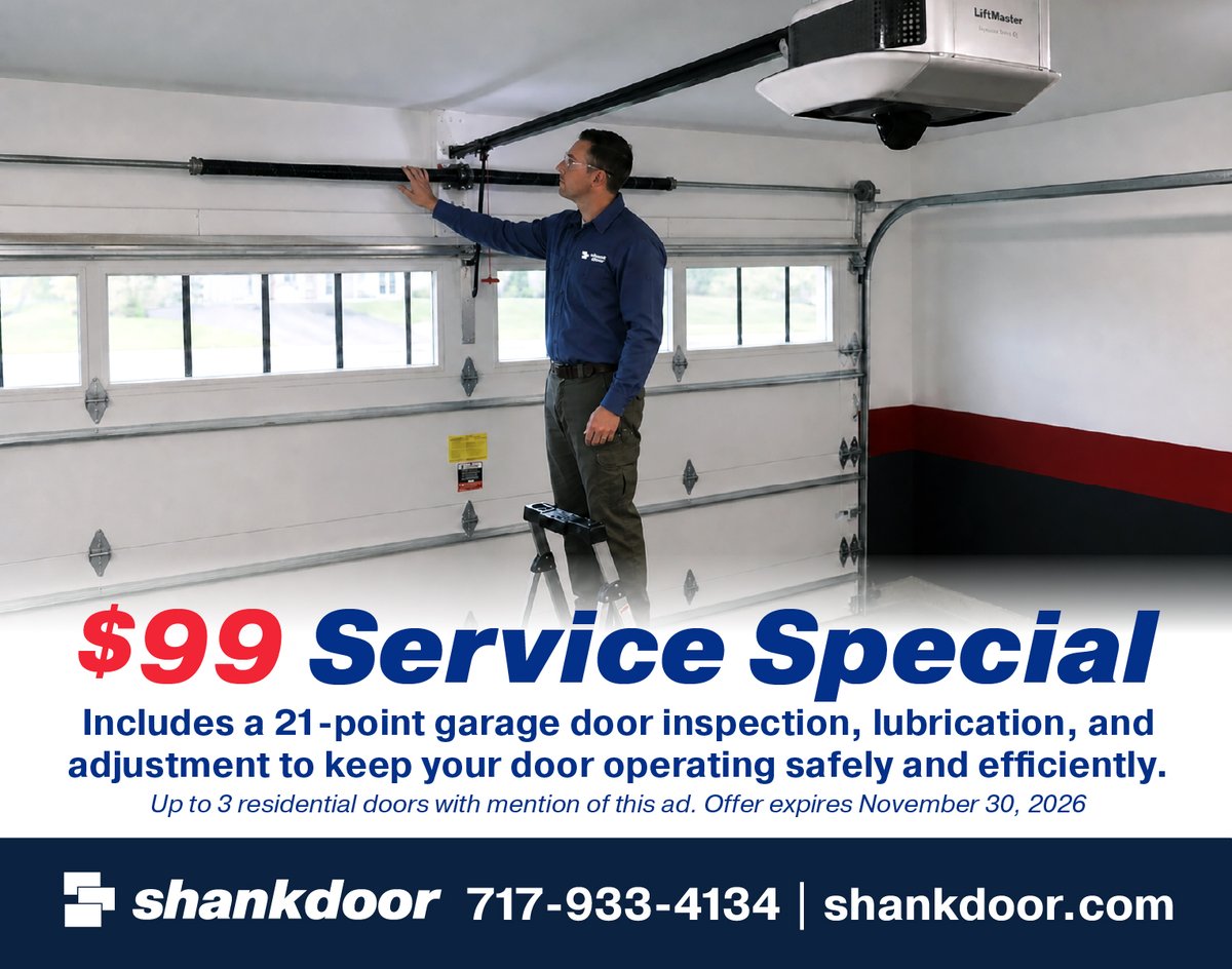 Shank_Door's tweet photo. Is your garage door due for a checkup? 🔧

Get a 21-point inspection, lubrication &amp; adjustment for just $99—covering up to 3 residential garage doors.

Offer ends Nov. 30, 2026. Mention this ad.

📱 717-933-4134
https://t.co/Va7AB3h3HO

Get the door you want. Done right. https://t.co/bBijK9jRhK