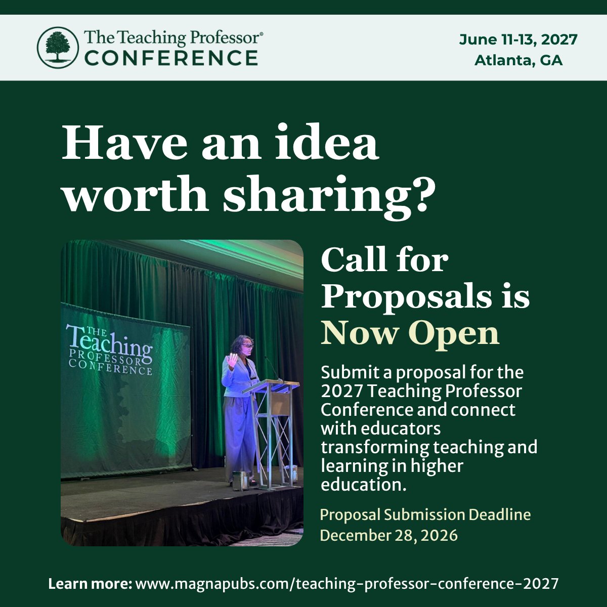teachprof's tweet photo. Your ideas could shape the conversation on teaching and learning.

📅 Conference: June 11–13, 2027 | Atlanta, Georgia
📝 Proposal deadline: December 28, 2026
📩 Acceptance notifications: March 8, 2027

👉 Submit your proposal: 
https://t.co/zEKA1v9UYF https://t.co/OyocQG7Qih