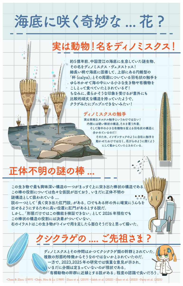 mirokunn2224's tweet photo. #Cambrian #illustration #paleoart #イラスト
花のような見た目の謎生物、ディノミスクス！
植物のような見た目だが、れっきとした動物だぞ！ https://t.co/kLcrpFWS1g