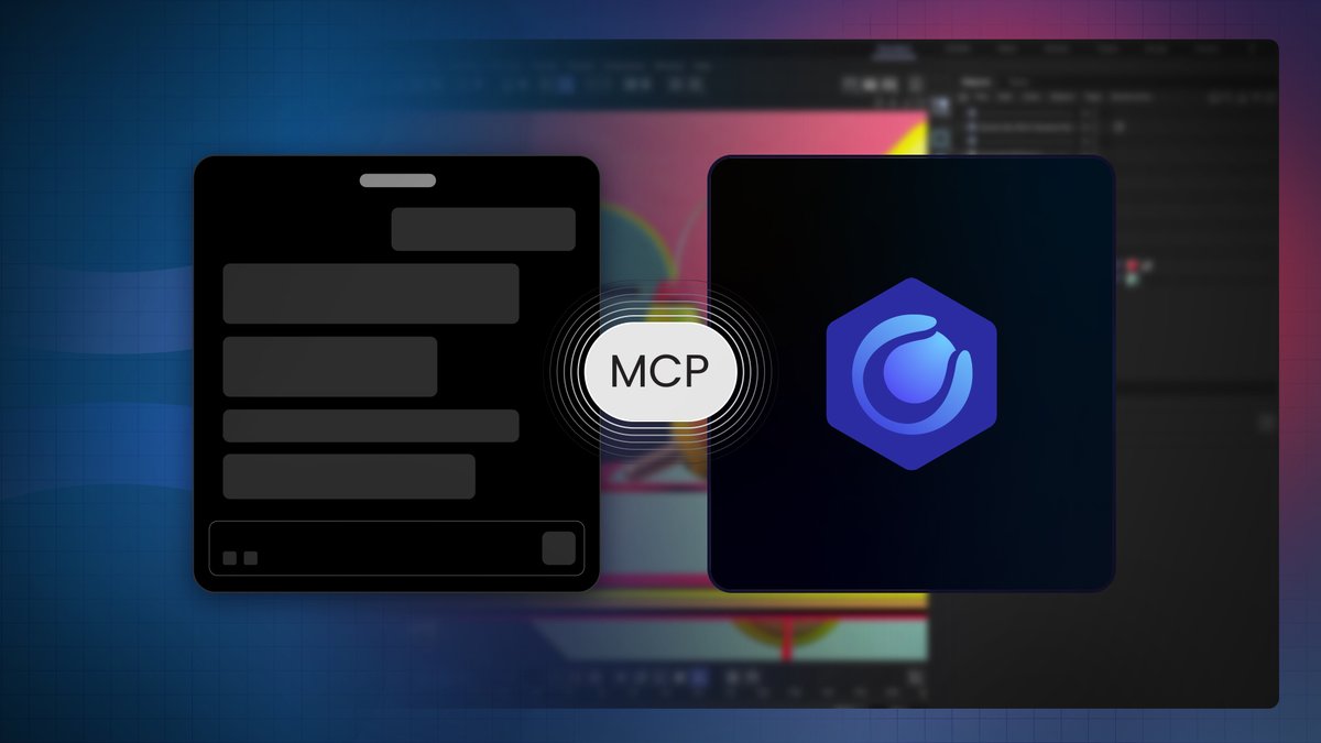 The image features a stylized graphic showing a dark panel representing a chat or command interface connected via "MCP" (Model Context Protocol) to the Cinema 4D logo, set against a blurred background of the Cinema 4D software interface. This visually illustrates the post's announcement of the Cinema 4D MCP Server, which enables AI tools to interact with and automate tasks in Cinema 4D.
