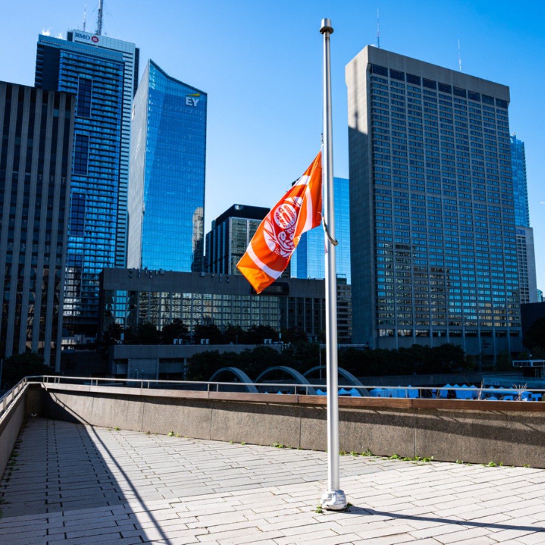 cityoftoronto's tweet photo. On National Day for Truth & Reconciliation, also known as Orange Shirt Day, we commemorate the survivors of residential schools, the families & communities impacted, & all the children who never made it home. All flags, including the Survivor Flag, will be flown at half-mast at City Hall & all other City buildings. The Toronto sign will also be lit orange tonight. #NDTR
