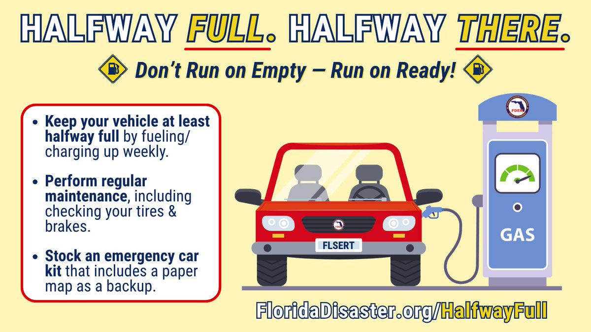 FLSERT's tweet photo. ⛽ Don’t let a fuel stop slow you down!

When a storm threatens Florida & evacuation orders are issued, gas stations can get busy fast, leading to longer lines & potential fuel shortages.

🚗 Keep your vehicle at least halfway full or charged so you’re ready to go when it’s time to get to safety.

Remember: If you’re halfway full, you’re halfway there! 📍

🔗 Wrap up #FLPrepMonth with road-readiness at https://t.co/dnznO13GiH!