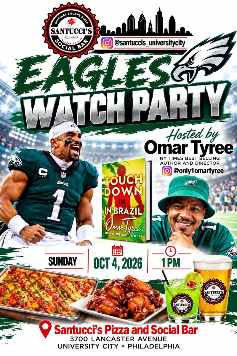 omartyree's tweet photo. HEAD TO #SANTUCCIS #UNIVERSITYCITY / 3700 Lancaster Ave / #WESTPHILLY @ 1 PM / #EAGLES VS #RAMS #GAME ~ #SUNDAY Oct 4 ~ Iβm #BACK #HOME where I GREW UP in #THEBOTTOM of #WEST yβall to #HOST & have #FUN / COME ON OUT & ENJOY π―π₯ππποΈπ€ / #TOUCHDOWNINBRAZIL by #OMARTYREE @ https://t.co/jT94YVCTZw