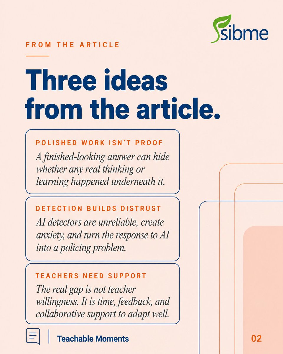 SibmeApp's tweet photo. AI can produce polished work fast. The harder question is whether real learning happened. Support and reflection matter more than detection.
https://t.co/wURf1Z2r7u

#AIinEducation #EdTech https://t.co/E4PnEwXgzX