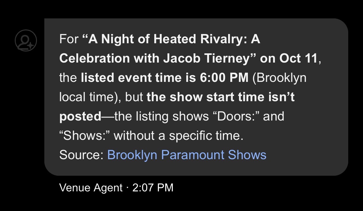 Jillamyw's tweet photo. @BklynParamount Why does the Jacob Tierney event on Oct 11 have different start times listed on the actual ticket (6pm) and your Instagram (7pm). Even your chatbot doesn’t know what time it starts! https://t.co/nws3nvvJiv