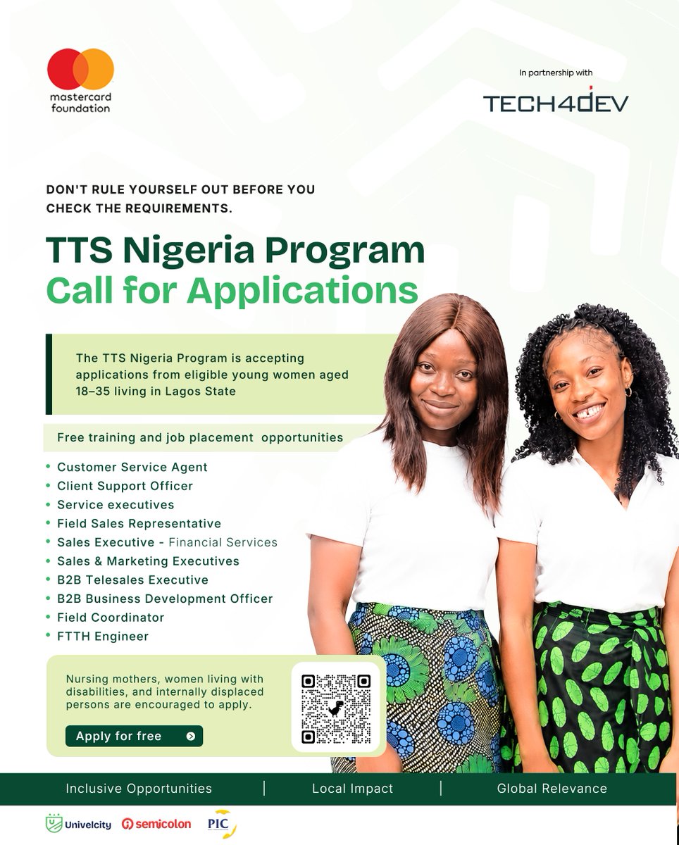 TTSNig's tweet photo. Never worked in tech or tech enabled roles? Don't rule yourself out just yet.

TTS Nigeria Program
Call For Applications
For women between ages 18 - 35 living in Lagos State.

Women living with disabilities, internally displaced women and nursing mothers are also encouraged to apply.

Apply today: https://t.co/sSd66Gq2Dh

Or click on the link in bio to begin.

#ttsnigeriaprogram #inclusiveopportunities #localimpact #womeninwork #techsistersrising