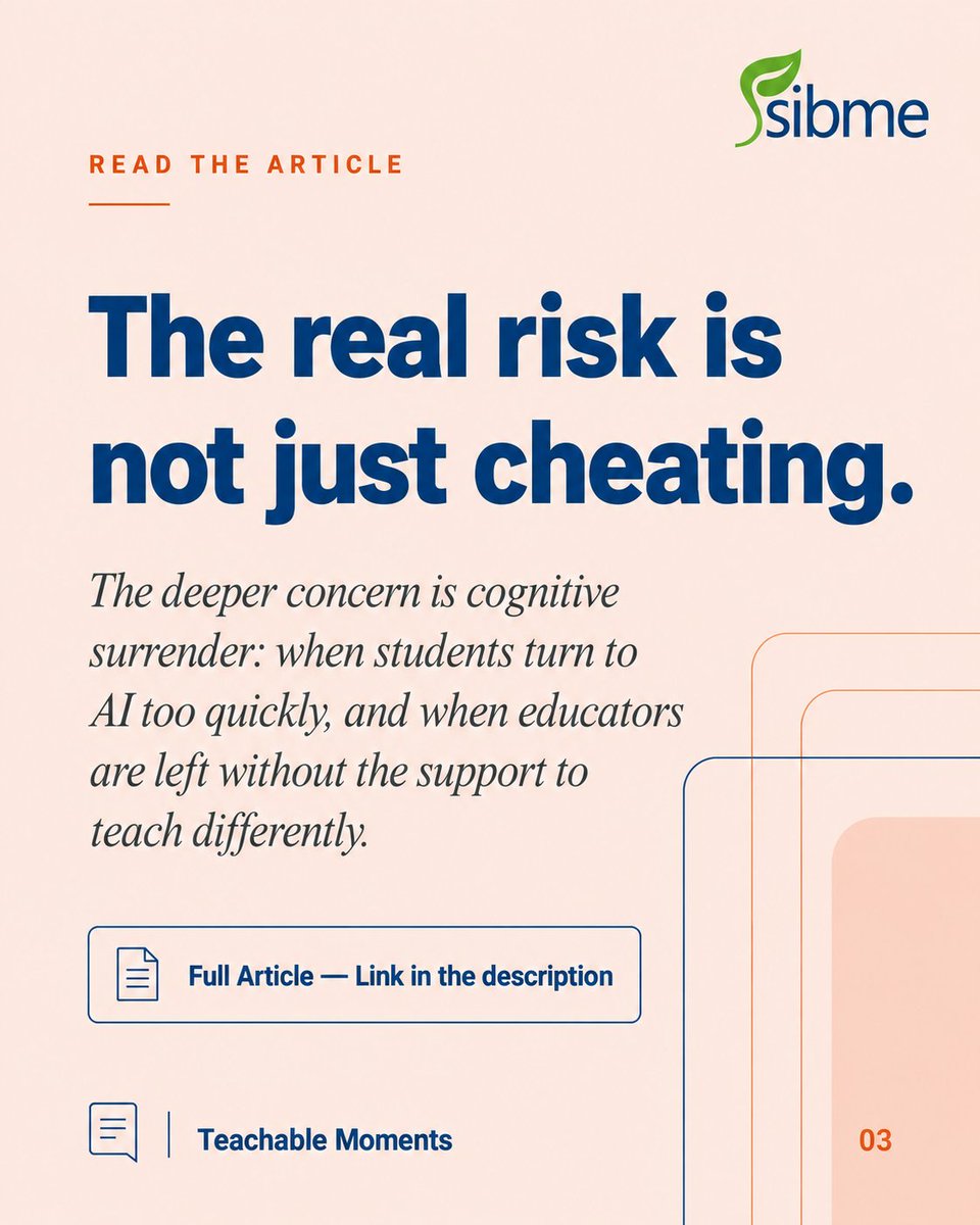 SibmeApp's tweet photo. AI can produce polished work fast. The harder question is whether real learning happened. Support and reflection matter more than detection.
https://t.co/wURf1Z2r7u

#AIinEducation #EdTech https://t.co/E4PnEwXgzX