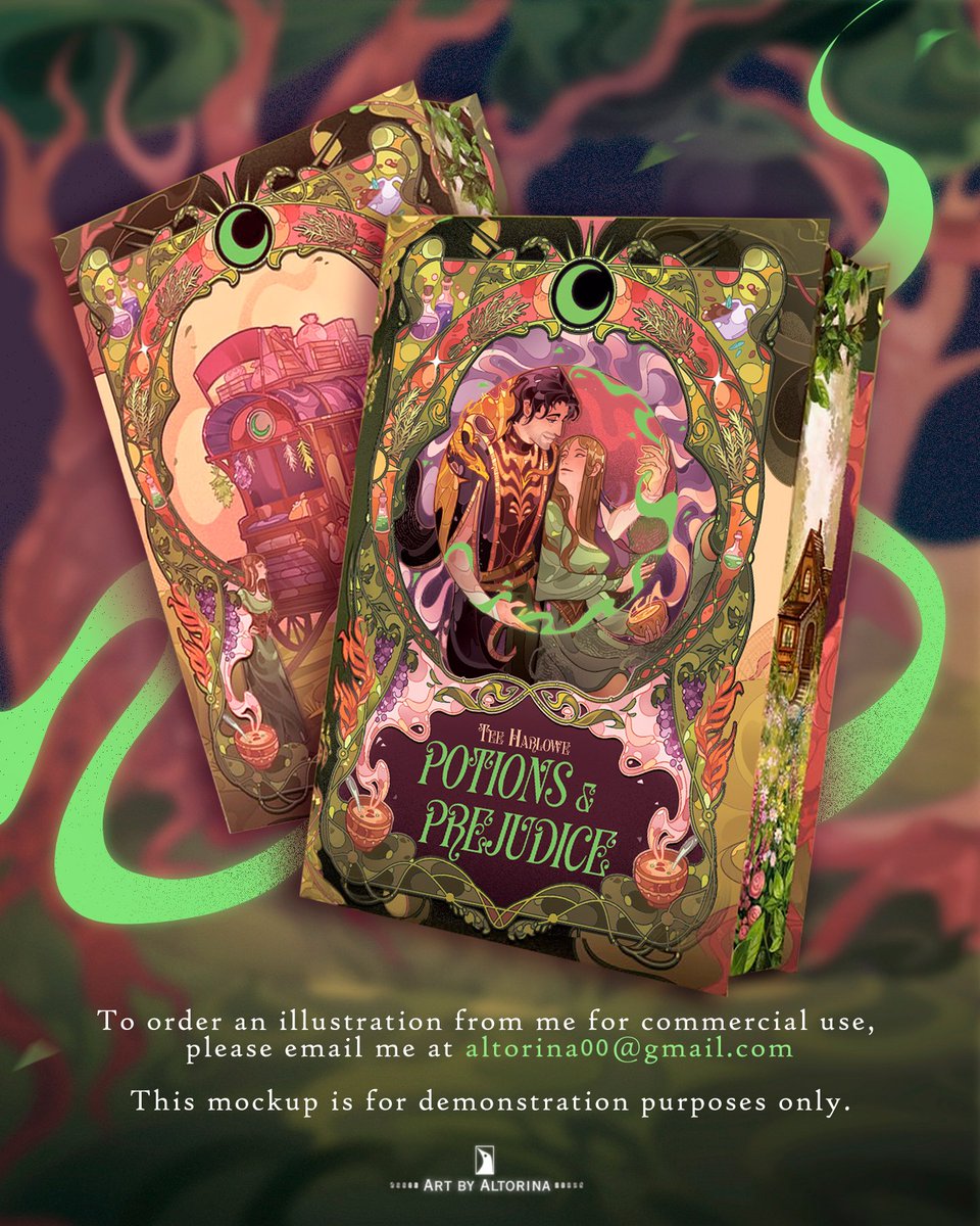 Altorina4's tweet photo. COMMISSION 

​So excited to share the cover illustration I created for the special edition of Potions &amp; Prejudice by Tee Harlowe, commissioned by mondlichtbuecher 🧪🌿
...
#book #commission https://t.co/b4GqVyaQKd