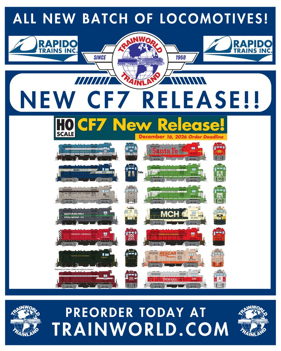 Trainworld's tweet photo. A new batch of @RapidoTrains HO CF7s! 👀

PreOrder today at https://t.co/i7Kp3pvGj1! https://t.co/GzCC347hC9

#rapidotrains #hoscale #CF7 #diesel #locomotive #preorder #trainworld #trainland #modeltrains #trains https://t.co/Kyijzgr2tg