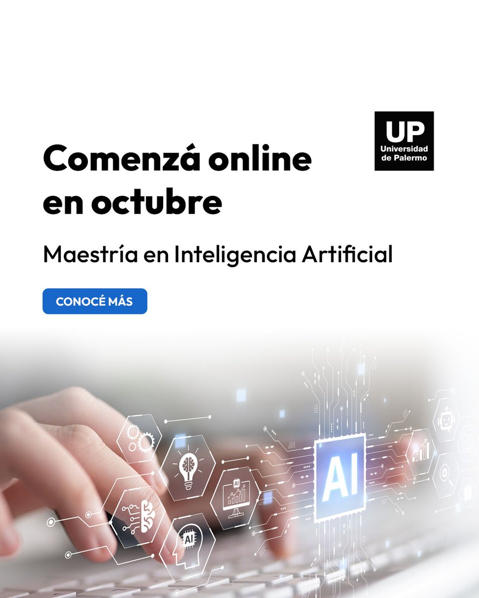 UPingenieria's tweet photo. 🤖Formamos a quienes crean y lideran la Inteligencia Artificial del futuro.

En octubre podés iniciar la Maestría en Inteligencia Artificial UP: liderá proyectos, empresas y emprendimientos de IA. 

Modalidad 100% online.

Más info👉 https://t.co/rb11nNfMdA https://t.co/EXguKbJNxu