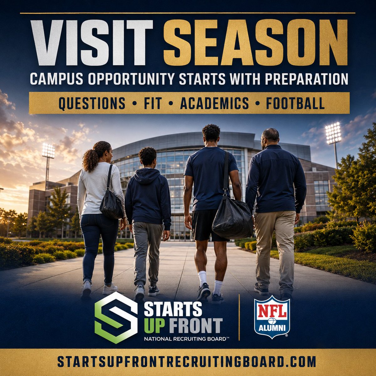 Startsupfront's tweet photo. 🎓🏈 #VISITSEASON—CAMPUS OPPORTUNITY STARTS WITH PREPARATION
A campus visit isn’t a formality—it’s one of the biggest decisions in the recruiting process. Walking those grounds, meeting the staff, picturing your future—it all comes down to being prepared to ask the right questions.
QUESTIONS • FIT • ACADEMICS • FOOTBALL
For #OffensiveLine, #DefensiveLine and #EdgeRusher prospects heading into #VisitSeason, this is your reminder: don’t just show up—show up ready. Bring your family, bring your questions, and evaluate the program the same way they’re evaluating you.
📋 What to walk in prepared for: ❓ Questions about role, development plan and depth chart 🏫 Fit — culture, coaching staff, campus environment 📚 Academics — support systems and your major 🏈 Football — scheme, playing time path, position coaching
Through #OLRecruiting, #DLRecruiting, #EdgeRecruiting and #FootballRecruiting coverage, the Starts Up Front National Recruiting Board, in partnership with #NFLAlumni, is helping #TrenchWarriors and their families prepare for these life-changing visits.
🔥 Athletes: Bring your family. Ask the tough questions. 🔥 Parents: Your role on these visits matters—prepare together. 🔥 Coaches: Tag a player heading out on a big visit this season.
🌐 https://t.co/fbszVeBfHX
#ControlTheTrenches #CampusVisit #RecruitingSeason #HighSchoolFootball #CollegeFootballRecruiting
IT ALL STARTS UP FRONT!