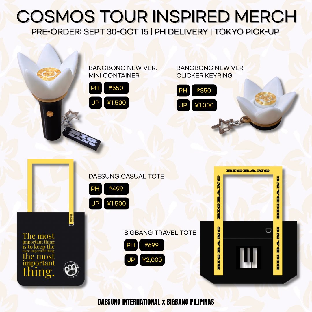 DAESUNGintl's tweet photo. [20TH ANNIVERSARY FAN MERCH]

📣 Batch 2 is here!
❣️Plus a new collection - COSMOS TOUR INSPIRED MERCH in collaboration with @BIGBANGFILO 
Made by fans, for fans 🐯👑

Thanks for your support ☺️

🔗 https://t.co/oZ3gj5QIHX

#DAESUNG #DLITE #BIGBANG #대성 #빅뱅  #テソン https://t.co/0O3er8UTfs