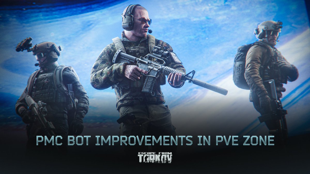tarkov's tweet photo. Another notable change coming with update 1.2.0.0 will be improvements to PMC bots behavior and equipment in PvE mode.

The randomness in the number of PMC bots in raids will decrease, and on average, there will be a little more of them. The number of cases where they die before players even encounter them will be reduced by changing how they interact with Scavs and other PMC bots.

PMC bots will also better distribute across locations during raids. They will be more likely to appear at points of interest and in task areas, and will engage in firefights with Scavs and players more frequently.

The gear of PMC bots will become more varied and logical. High-level bots will utilize higher-quality equipment and weapons compared to low-level ones. A bot's faction will also influence the loadout, reflecting the specific PMC's allegiance to a certain side of the conflict.

Another small addition will be the introduction of PMC bots to the Labyrinth.

 #EscapefromTarkov