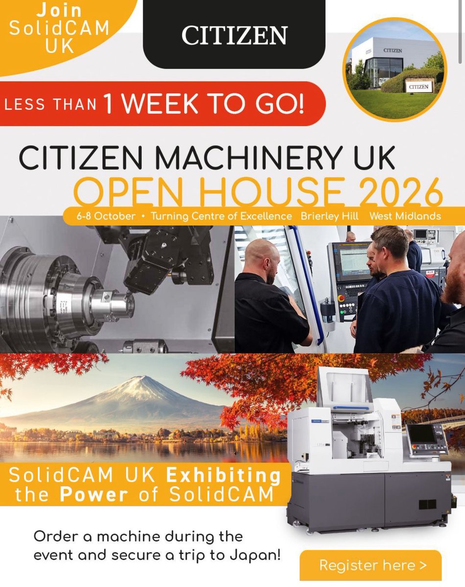 SolidCAMUK's tweet photo. @solidcamuk are exhibiting at the @citizencnc OPEN HOUSE next week, showcasing the power of #SolidCAM. 

📅 Tues 6th to Thurs 8th October 2026 (late night Wednesday)
📍 Citizen Machinery UK Turning Centre of Excellence in Brierley Hill
🔗 Register: https://t.co/U1B8j8nx1C https://t.co/ihWvOHIVUj