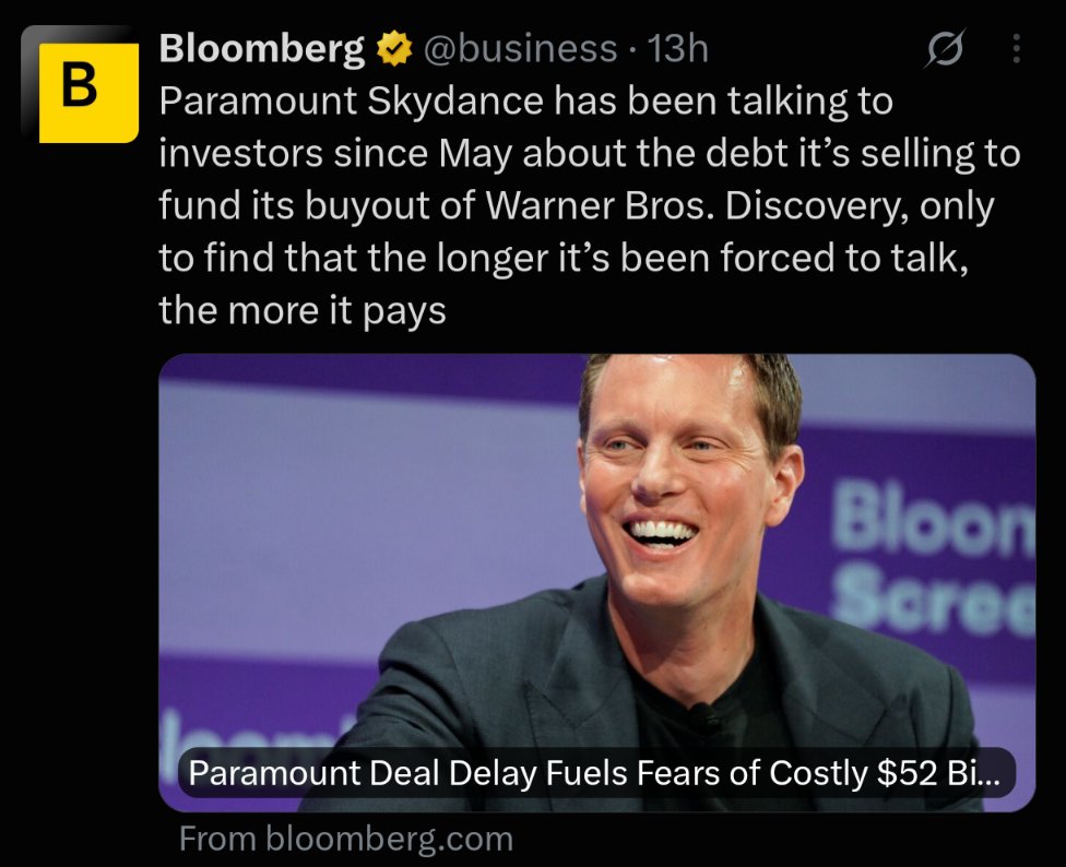 emeraldappul's tweet photo. reminder that paramount legit cannot afford the merger as they're calling investors to pay for the mountain of debt this shit is gonna have so quite INEVITABLY anything ellison does, paramount will be broke https://t.co/JIbbjJUn4c