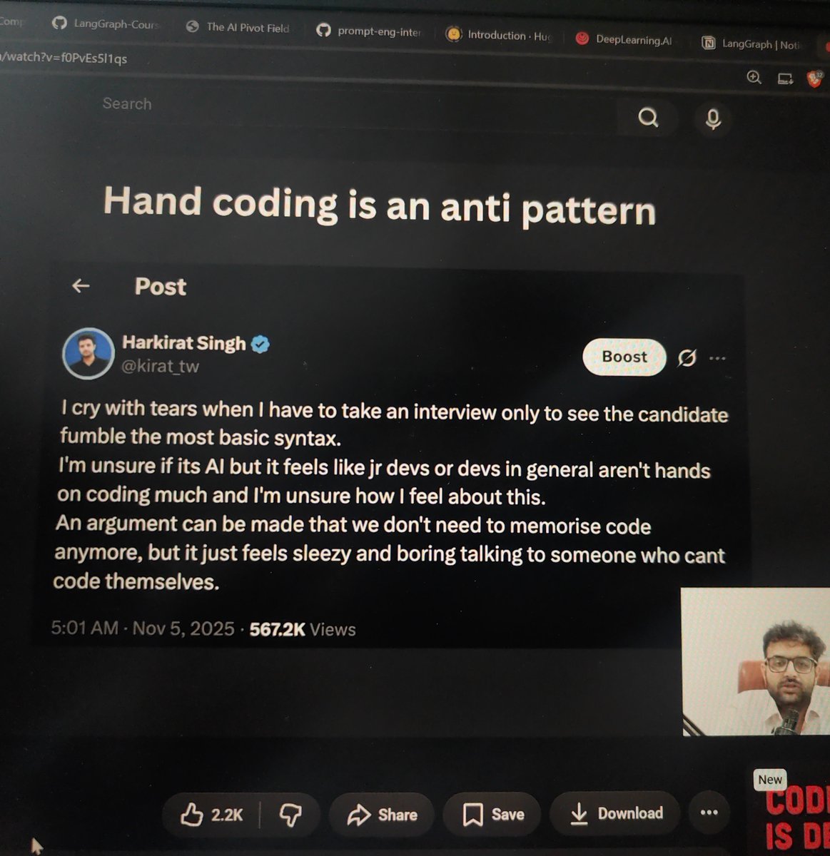 TriptiMirani's tweet photo. This was the tweet that I as a developer wanted to live up to but now because of AI, in his latest video he says " There is merit to knowing and understanding syntax but from here on, up until eternity as a software developer you will never write code yourself." https://t.co/UBWL1mwfFn