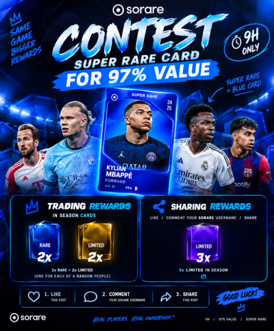 PawelTrader_'s tweet photo. 🔥 SORARE GIVEAWAY! 🔥

💎 SUPER RARE CARDS FOR 97% VALUE! 💎

⏰ Only 9 HOURS to enter!

🎁 TRADING REWARDS (4 random winners)
⚽ 2x Rare In-Season Cards
⚽ 2x Limited In-Season Cards

🎁 SHARING REWARDS (3 winners)
💎 3x Limited In-Season Cards

🚀 HOW TO ENTER:
❤️ Like this post
💬 Comment your @Sorare username
🔁 Share this post

🏆 Winners will be randomly selected after the contest ends.
⏳ 9 HOURS. DON'T MISS OUT!

Good luck everyone! 🍀
#Sorare #SorareGiveaway #SorareCommunity #SorareFootball