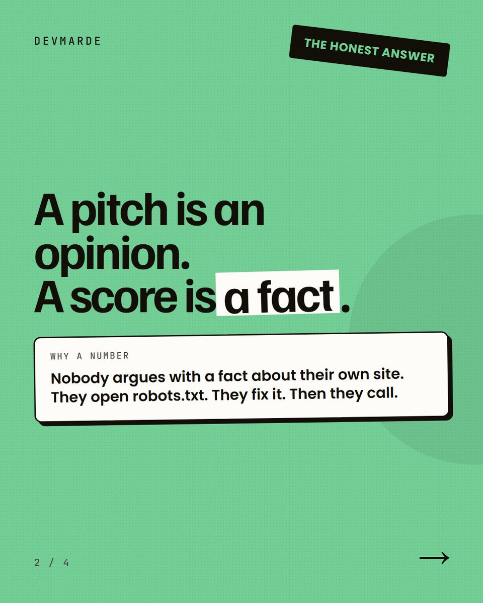 DevMarDe's tweet photo. I built a free tool that scores how visible your site is to AI.

People keep asking why I'd give it away.

Because the number does the selling. Nobody argues with 64/100. https://t.co/CgH0NTskUc