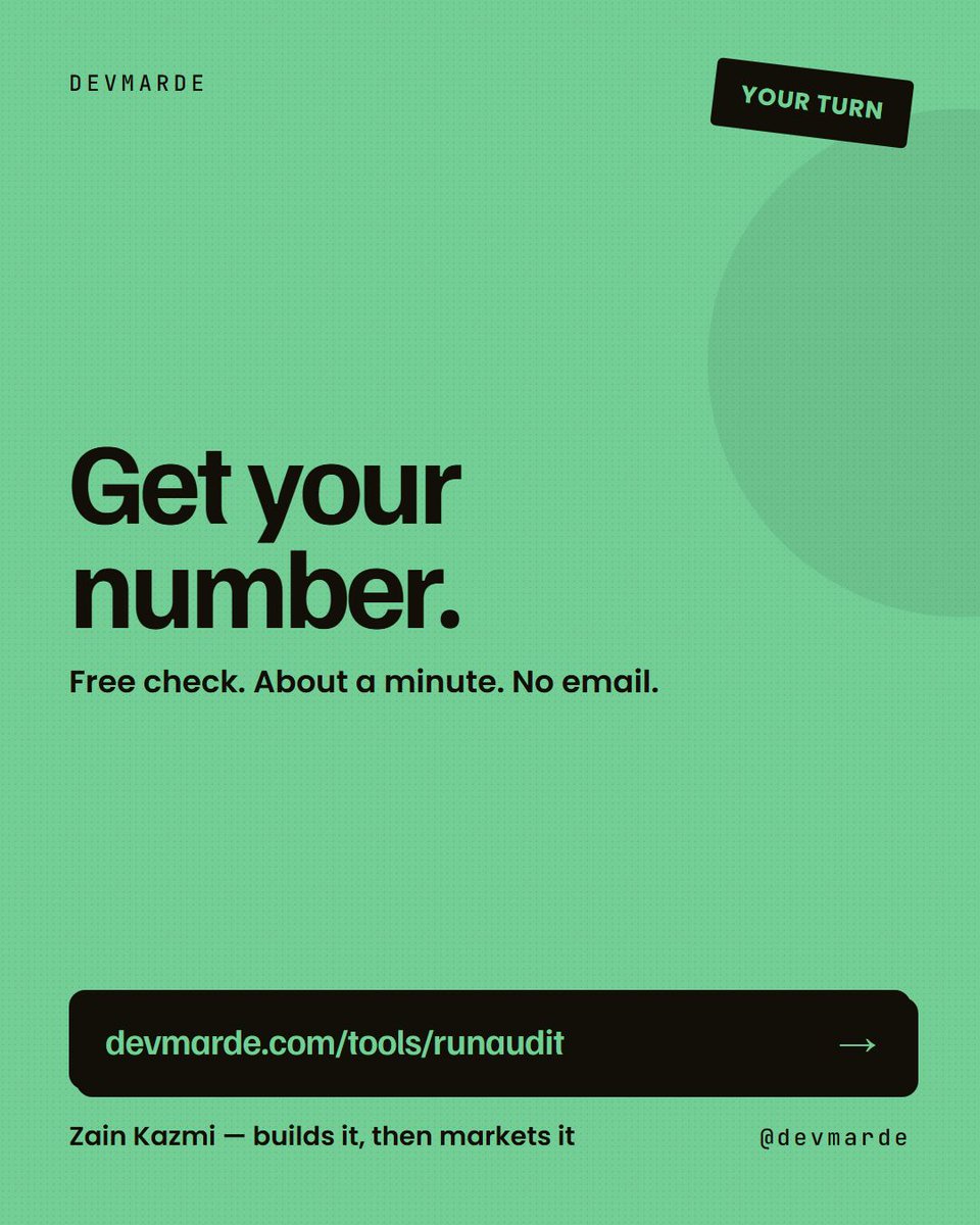 DevMarDe's tweet photo. I built a free tool that scores how visible your site is to AI.

People keep asking why I'd give it away.

Because the number does the selling. Nobody argues with 64/100. https://t.co/CgH0NTskUc