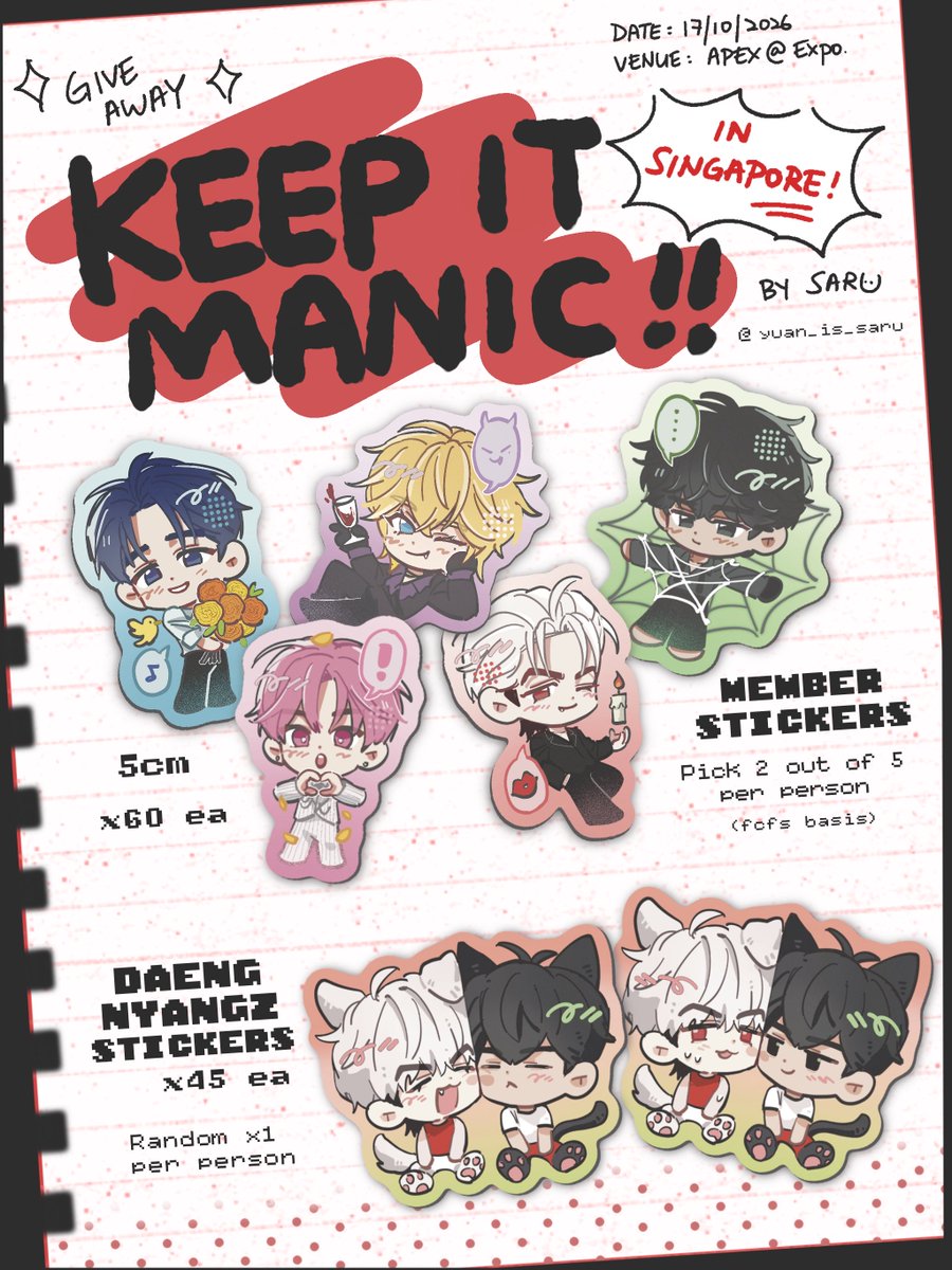 yuan_is_saru's tweet photo. PLAVE KEEP IT MANIC 
in Singapore 🇸🇬

🐾Giveaway🐾

ᯓ★ Member stickers💙💜💗❤️🖤
  ( pick 2 )

ᯓ★ DaengNyangz stickers❤️🖤 
  ( random 1 )

📅 17 Oct 2026 |📍Apex @ EXPO
⏱️ tba
🙌 Come say hi &amp; show me your RT of this post! 

See yall at
#KEEP_IT_MANIC_in_Singapore !! https://t.co/MFF44qBlWf