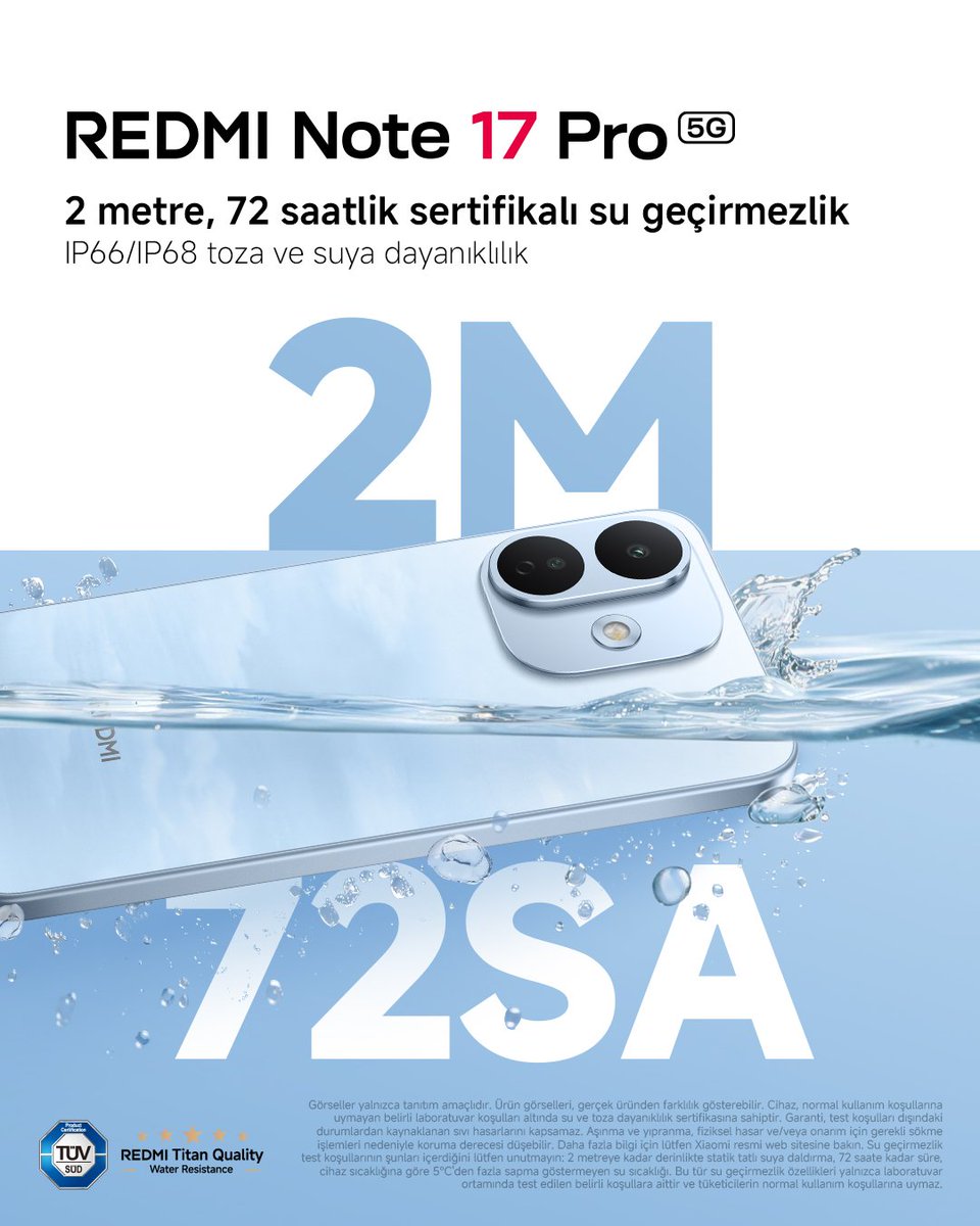XiaomiTurkiye's tweet photo. Hayat bazen biraz ıslak olabilir. O buna hazır. 💦
IP66 ve IP68 ile suya ve toza dayanıklılık seviyeleriyle #REDMINote17Pro5G, hayatın beklenmedik anlarına hazır.
#REDMINote17Serisi #TitanGücüyleMaksimuma https://t.co/jbBDKJzwgD