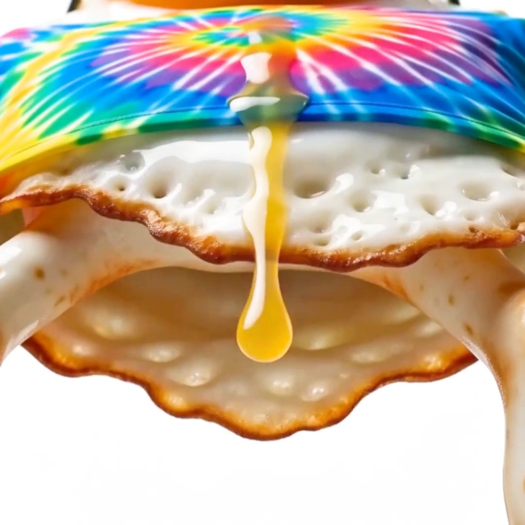 Surreal, AI-generated image showing a rainbow tie-dye pillow melting over what appears to be a toasted English muffin sandwich, with honey dripping from the center against a white background.