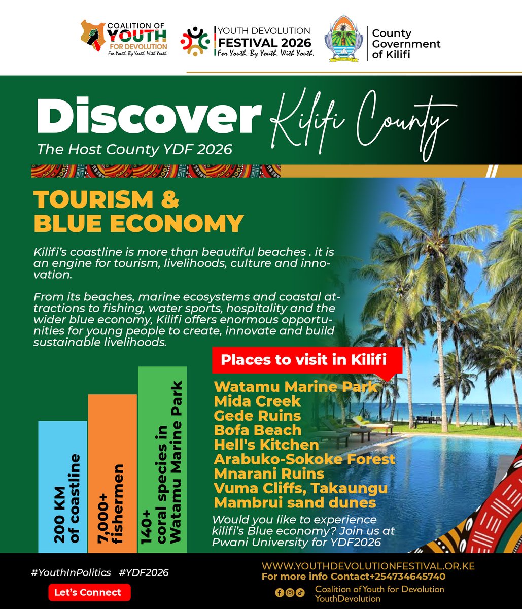 YouthDevolution's tweet photo. #DISCOVERKILIFI | TOURISM &amp; BLUE ECONOMY
As we head to #YDF2026, we spotlight the potential of Kilifi’s tourism and blue economy and the role of young people in turning its coastal resources into sustainable opportunities for the future.

#VijanaNaUgatuzi #TheKenyaWeWant https://t.co/PMqfUgNL1u