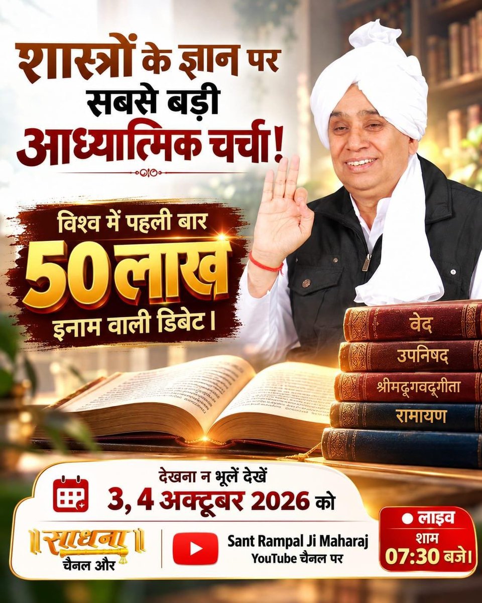 KamlaPraja44394's tweet photo. #50लाख_की_ऐतिहासिक_डिबेट

3-4 अक्टूबर को होने वाली डिबेट का पहला विषय - सृष्टि रचना: सबसे पहला मुख्य विषय होगा कि ब्रह्मांड और सृष्टि की उत्पत्ति कैसे हुई।
3-4 अक्टूबर शाम 7:30 से 9:30 बजे Sant Rampal Ji Maharaj YouTube Channel पर।

Challenge By Sant RampalJi https://t.co/NbNjUEA8qn