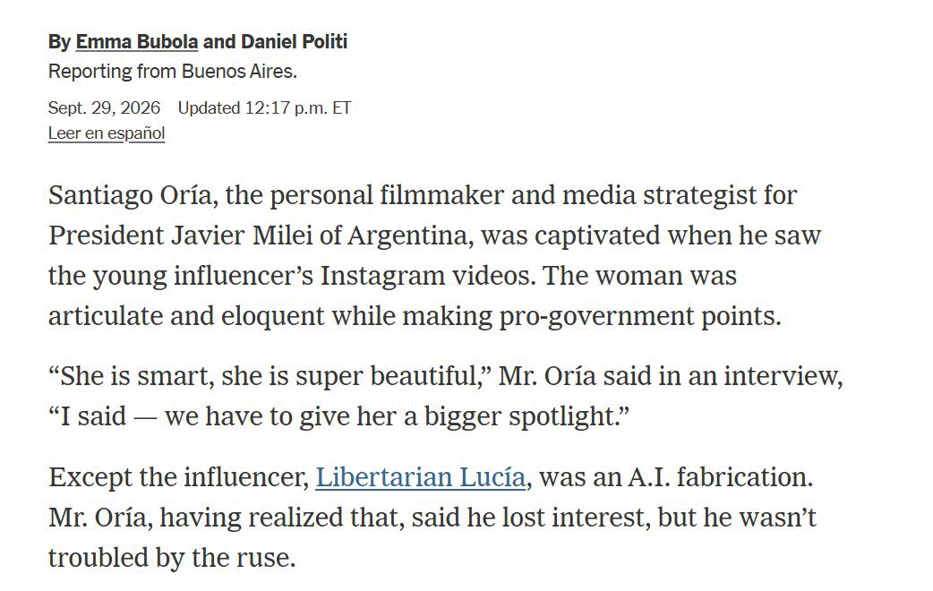 makearggayagain's tweet photo. "es super hermosa, tenemos que darle más visibilidad": el new york times se burló de santiago oría, el "filmmaker personal" de javier milei, por haberse enamorado de lucía libertaria, la influencer creada con inteligencia artificial. https://t.co/Xij8jKGH8p