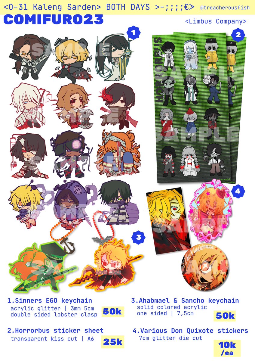 treacherousfish's tweet photo. My po for #CF23 is open!! <•)))))><

Booth: Kaleng Sarden O-31 BOTH DAYS
🧷Pick up ots: ~6 OCT
🧷Mail order: ~15 OCT
🗯️: limbus company, uma musume (poketaki), dc (red hood) kamen rider, naruto (akatsuki)
🔗po below!

#comifuro22 #cf22catalogue https://t.co/jEHV52rzUE