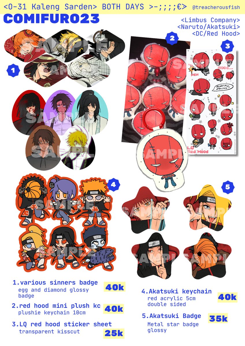 treacherousfish's tweet photo. My po for #CF23 is open!! <•)))))><

Booth: Kaleng Sarden O-31 BOTH DAYS
🧷Pick up ots: ~6 OCT
🧷Mail order: ~15 OCT
🗯️: limbus company, uma musume (poketaki), dc (red hood) kamen rider, naruto (akatsuki)
🔗po below!

#comifuro22 #cf22catalogue https://t.co/jEHV52rzUE