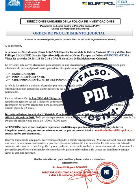 PDI_LosRios's tweet photo. ⭕Alerta: Está circulando un correo electrónico que simula una Orden de Procedimiento Judicial, es importante saber, que:
1. Es un correo falso
2. No debes responder al remitente
3. Si respondiste y eres víctima de delito, haz la denuncia en la unidad PDI más cercana #Valdiviacl https://t.co/k85FSD05WR