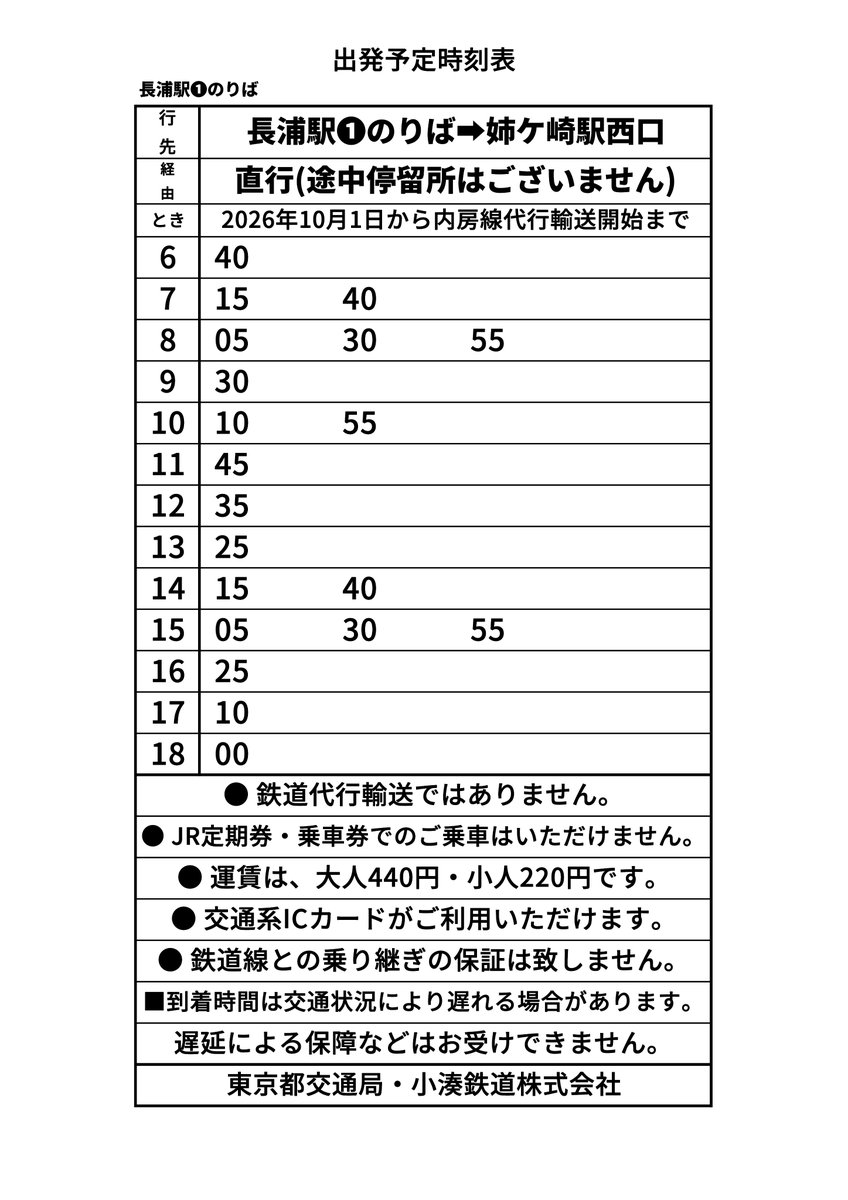 kominatorailway's tweet photo. ※臨時バス緊急増便・期間延長のお知らせ※
【長浦駅～姉ケ崎駅間　臨時バス（10月1日以降）】
小湊鉄道バスは、東京都交通局のご協力のもと、10/1(木)より長浦駅～姉ケ崎駅間の臨時バスの増便および運行期間の延長を行います。
https://t.co/SWOMsongmI

■変更後の運行期間
10/1(木)～JR代行輸送開始まで
■運賃
大人440円 / 小人220円（前払い・ICカード可）
※JR定期券・乗車券はご利用いただけません。
■運行状況
都営交通公式X（@toeikotsu）をご確認ください。

※ダイヤ等の詳細は、画像・冒頭のリンク先をご覧ください。