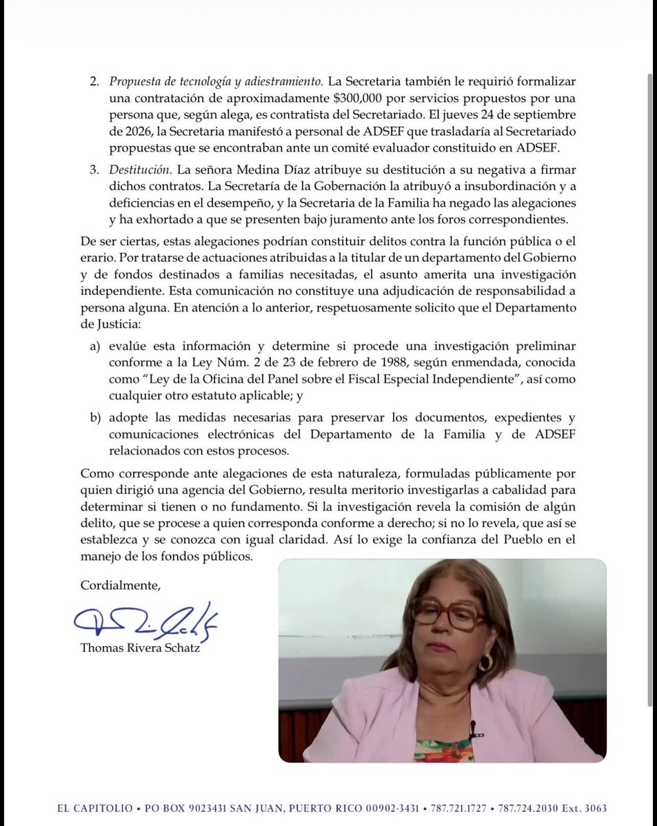 MillyMendezpr's tweet photo. SENADO HACE REFERIDO A JUSTICIA 
Pdte del Senado pide a Secretaria de Justicia investigar las alegaciones q hizo Exadministradora de ADSEF, sobre las presiones y el hostigamiento q recibió presuntamente de parte de Suzanne Roig, para firmar contratos con fondos del TANF https://t.co/Hl4HaVpTN6