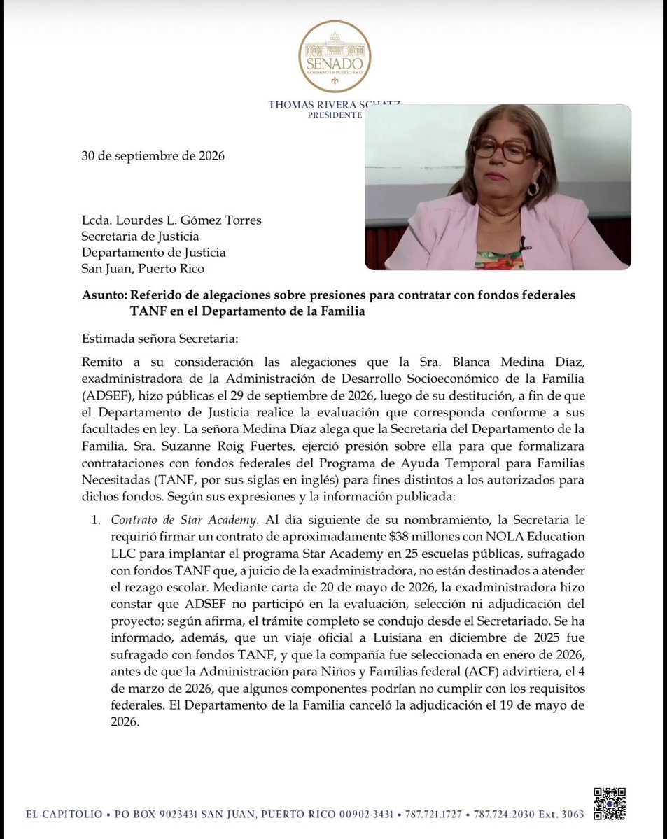 MillyMendezpr's tweet photo. SENADO HACE REFERIDO A JUSTICIA 
Pdte del Senado pide a Secretaria de Justicia investigar las alegaciones q hizo Exadministradora de ADSEF, sobre las presiones y el hostigamiento q recibió presuntamente de parte de Suzanne Roig, para firmar contratos con fondos del TANF https://t.co/Hl4HaVpTN6
