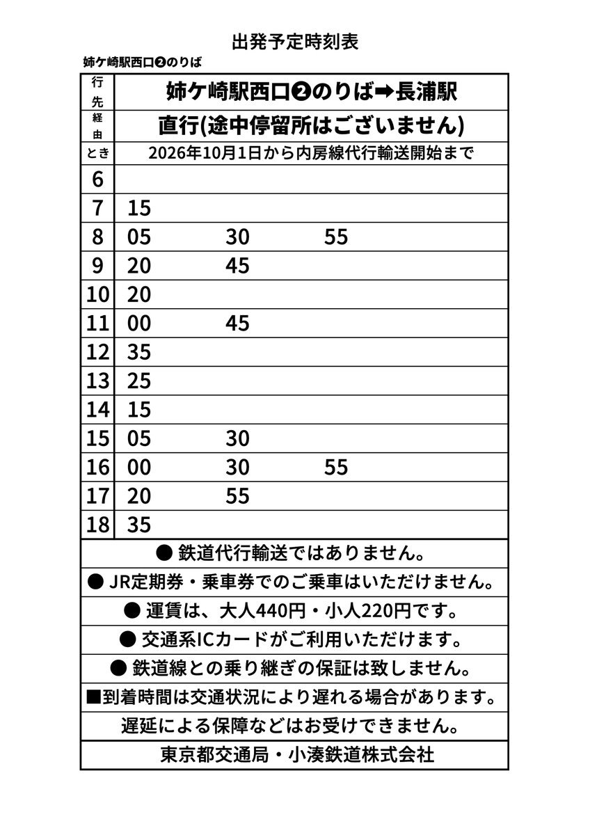 kominatorailway's tweet photo. ※臨時バス緊急増便・期間延長のお知らせ※
【長浦駅～姉ケ崎駅間　臨時バス（10月1日以降）】
小湊鉄道バスは、東京都交通局のご協力のもと、10/1(木)より長浦駅～姉ケ崎駅間の臨時バスの増便および運行期間の延長を行います。
https://t.co/SWOMsongmI

■変更後の運行期間
10/1(木)～JR代行輸送開始まで
■運賃
大人440円 / 小人220円（前払い・ICカード可）
※JR定期券・乗車券はご利用いただけません。
■運行状況
都営交通公式X（@toeikotsu）をご確認ください。

※ダイヤ等の詳細は、画像・冒頭のリンク先をご覧ください。