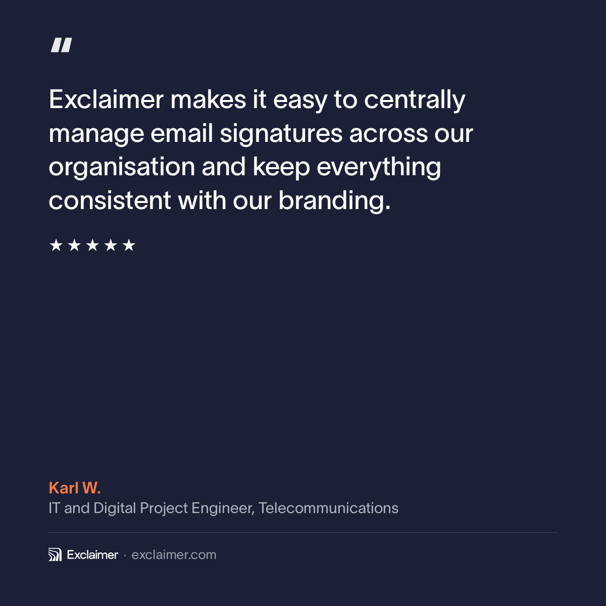 Exclaimer's tweet photo. "Exclaimer makes it easy to centrally manage email signatures across our organisation and keep everything consistent with our branding."
⭐⭐⭐⭐⭐

Trusted by 80,000+ organizations worldwide.

#emailsignatures #itmanagement #brandconsistency https://t.co/oisgxgASW9