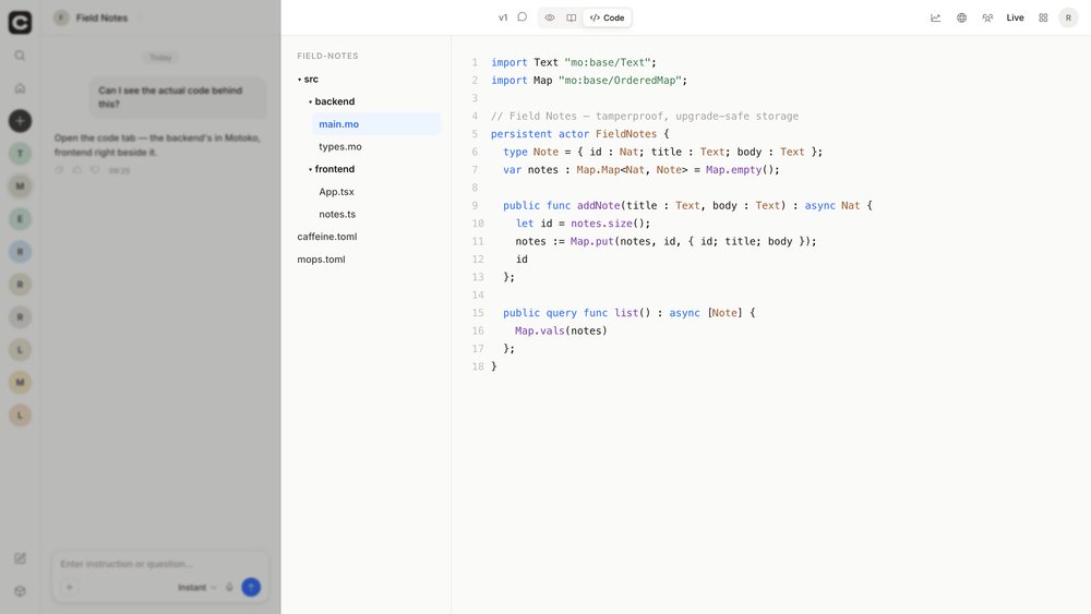 caffeineai's tweet photo. Caffeine writes real code, and it doesn't hide it from you.

Open the code tab and read the actual Motoko backend and frontend, file by file. It's all there, and it's yours to export and keep. https://t.co/W6JC2EhPhO