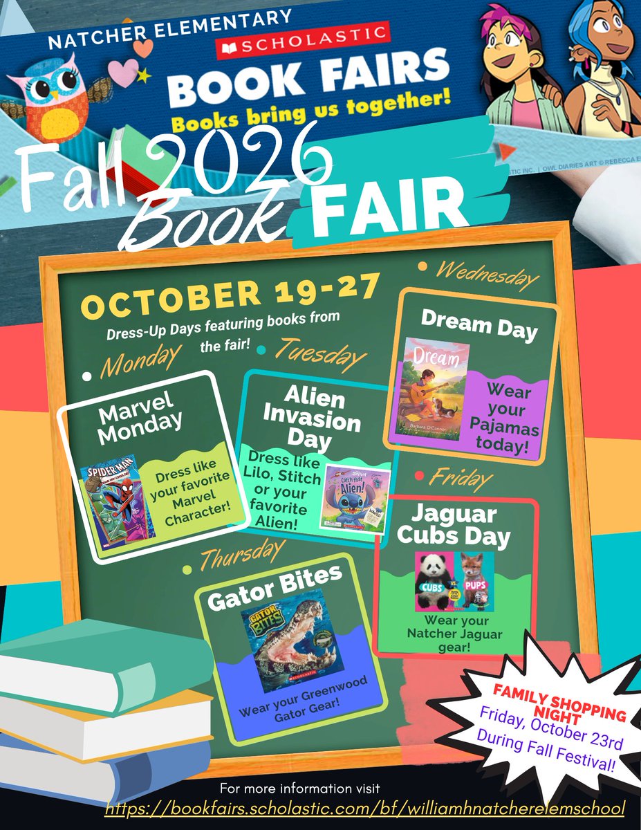 NatcherLibrary's tweet photo. Fall Bookfair is almost HERE!  Check out the flyer for all the information and fun dress up days.  Also, set up your child's eWallet at the link below.  Come shop our Fall Scholastic Bookfair beginning October 19th!  @NatcherElem  https://t.co/uHGXNzWeGh https://t.co/S1CIeC6u5X