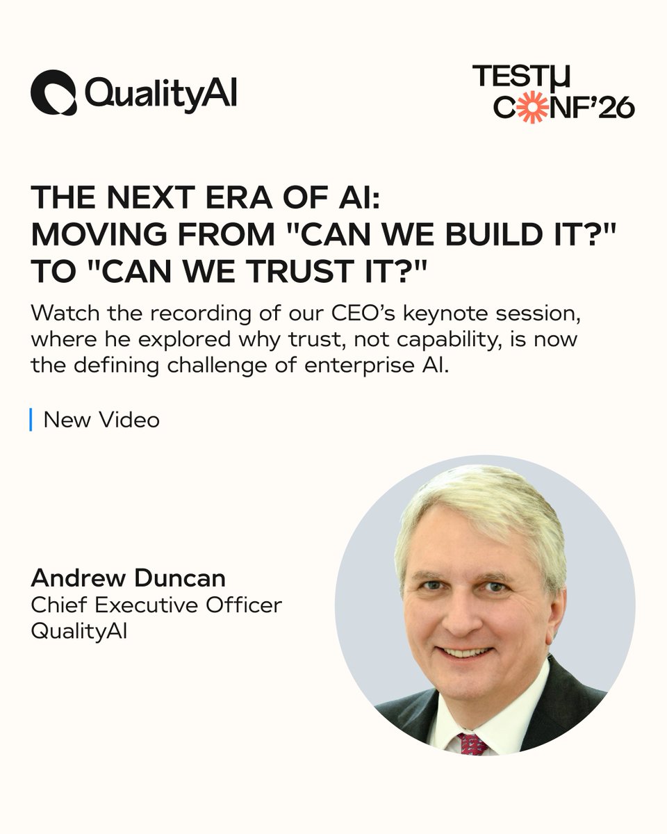 QualityAIGroup's tweet photo. Rushing AI pilots leads to experimentation > impact.
At #TestMuConf2026, CEO Andrew Duncan explains why the question isn't "Can we build it?" but "Can we trust it?" Quality Engineering must lead AI transformation.
Watch here: https://t.co/xHSif68piO
#TestMuAI #AI #QualityAI https://t.co/sp1wUXooRi