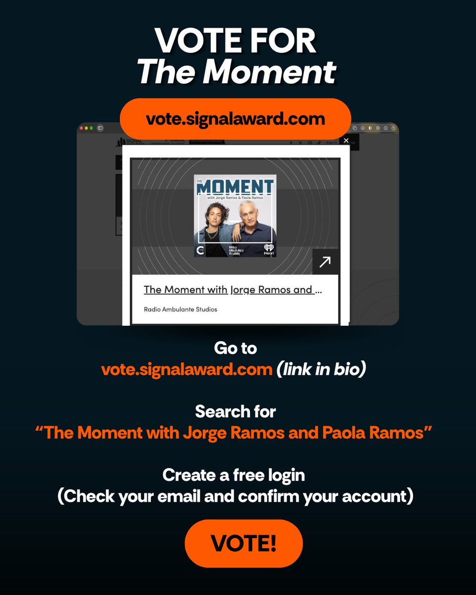 TheMomentPod's tweet photo. One year ago, we released The Moment with @JorgeRamosNews and @PaoRamos. Today, we found out the show is a finalist for a Signal Award (@signalawards) in the Best New Podcast category. We are honored!

Cast your vote here: https://t.co/2sSlaDInlV
Thanks for listening! https://t.co/LkUNq9hqGA