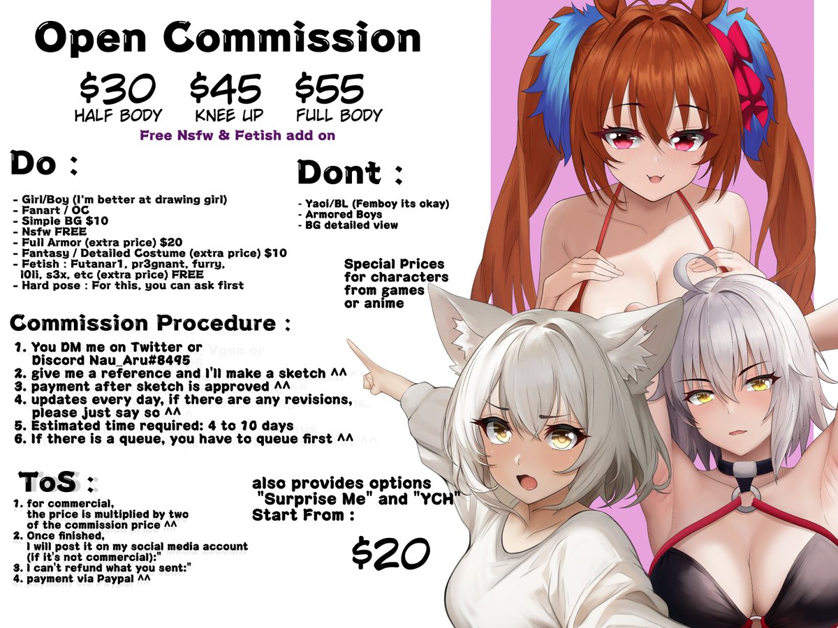 NauAru's tweet photo. RT &amp; Like is very appreciated~

Hello! I'm open Commissions 🌟

If you’re interested, feel free to DM me here or Discord Nau_Aru#8495

Thank you so much 🥰

Special price for characters from games or anime!! 😆
Also provides options "surprise me" and "YCH" 😊 https://t.co/bpgKd9225h