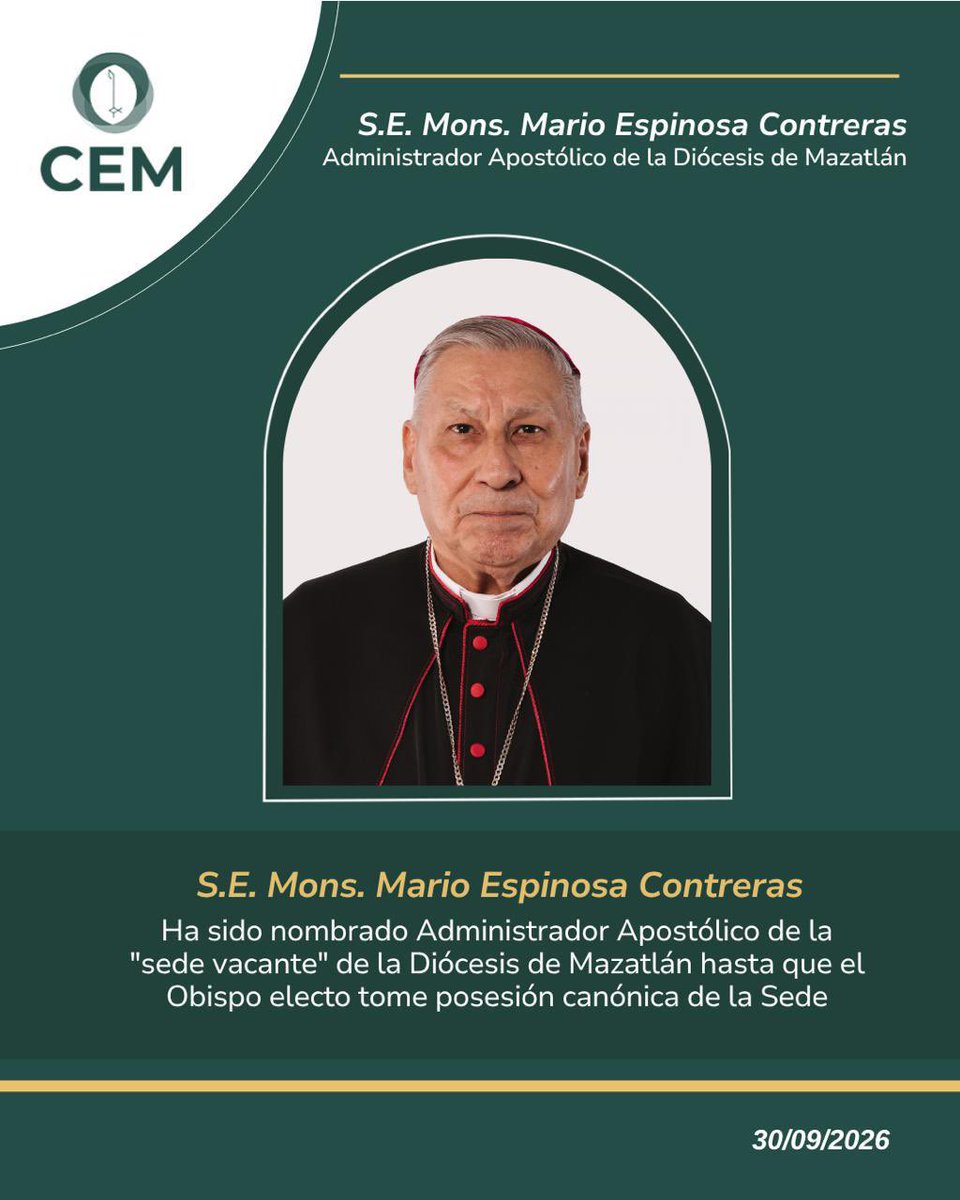 IglesiaMexico's tweet photo. La Nunciatura Apostólica, a través de la Secretaría General de la Conferencia del Episcopado Mexicano, comunica que su Santidad @Pontifex_es se ha dignado nombrar a S.E. Mons. Mario ESPINOSA CONTRERAS, Administrador Apostólico de la "Sede vacante" de la Diócesis de Mazatlán, hasta que el Obispo electo tome posesión canónica de la Sede.

Nos unimos en oración con la Diócesis de Mazatlán y deseamos a Mons. Mario, un desempeño fructífero en la encomienda de administrar esta porción del Pueblo de Dios en este período de transición.